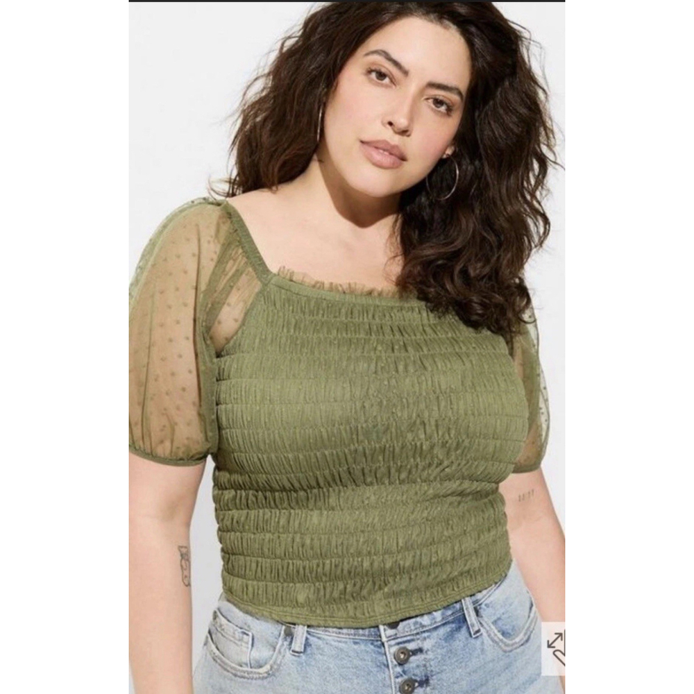 TORRID Olive Green Dot Mesh Sheer Sleeve Square Neck Stretch Smock Top sz 4 NWT